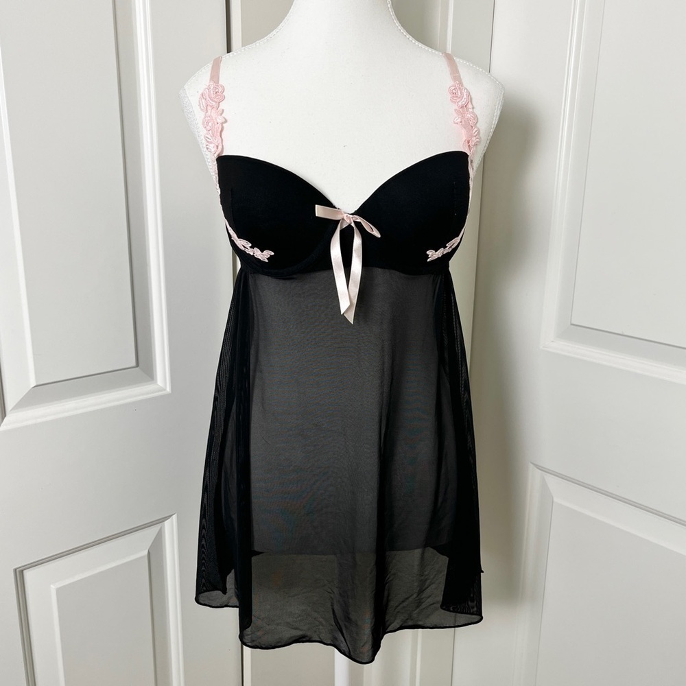 La Vie en Rose Coquette Pink Lace Ribbon Black Sheer Push-up Babydoll-Medium